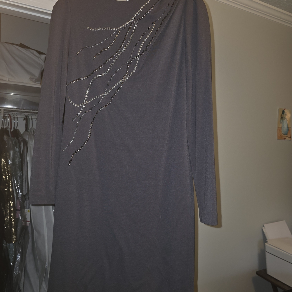 Suzi Chin Charcoal Gray Long-Sleeve Dress with Rhinestone Cascade